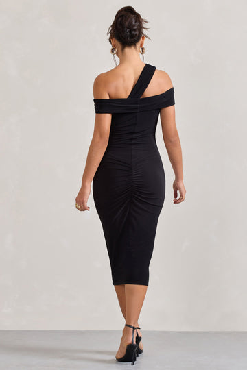 Chain Reaction Black Strappy Asymmetric Bodycon Midi Dress